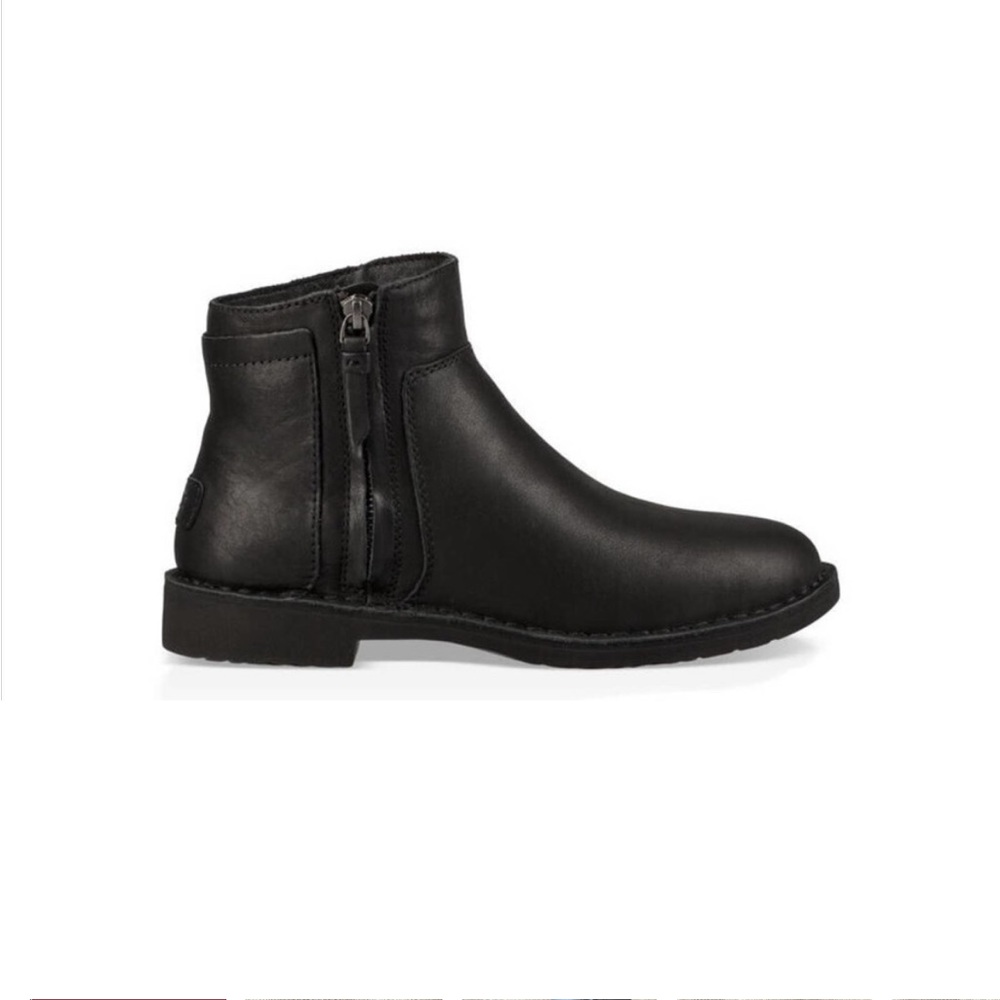 UGG Rea Women's Sz 7.5  Black Leather Wool-Lined Ankle Boots Side Zip